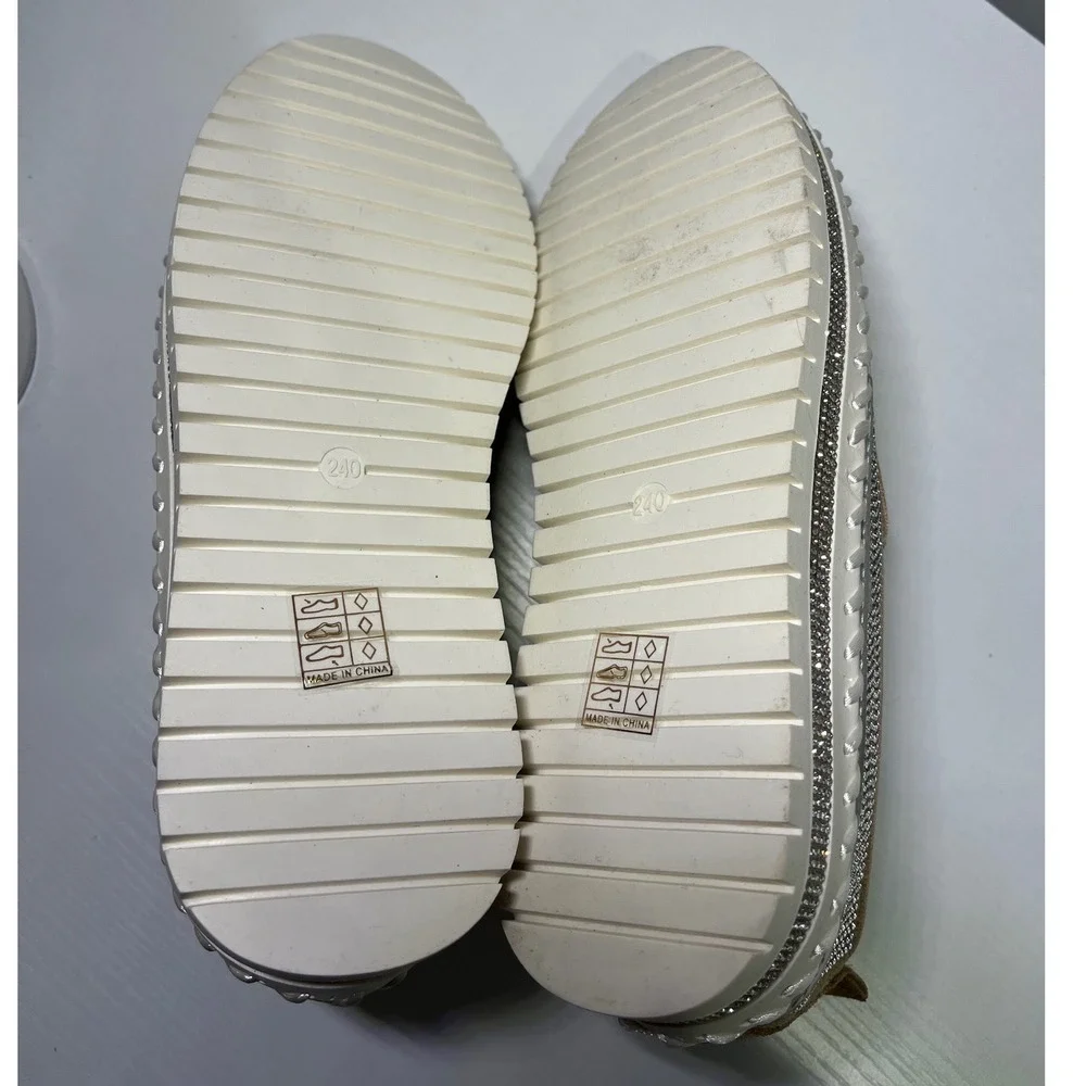 Silver Rhinestone Slip On‎ Platform Sneakers Bling Loafers Whipstitch